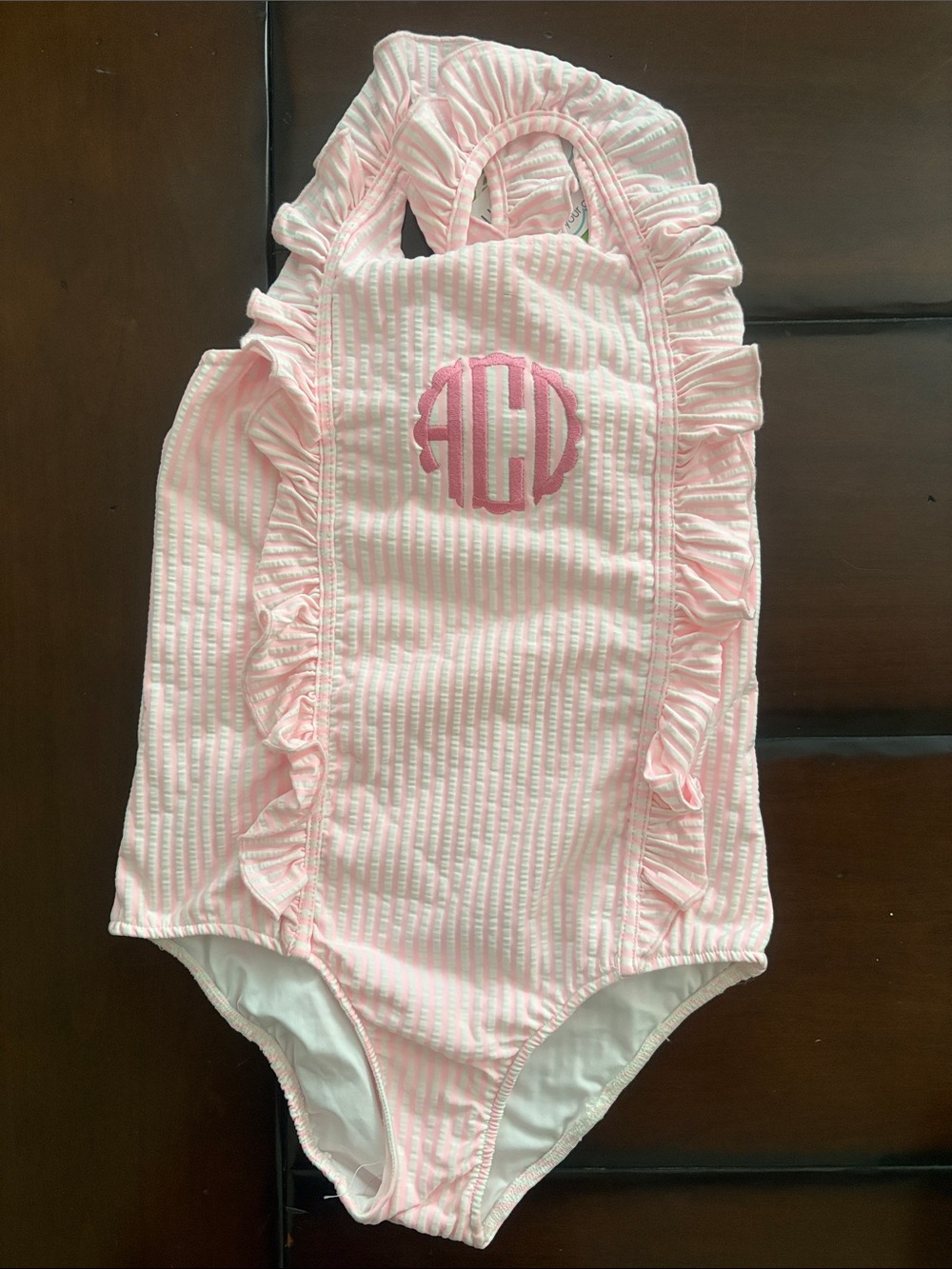 Youth Girls Pink Ruffle Monogram ACD One-Piece Swimsuit